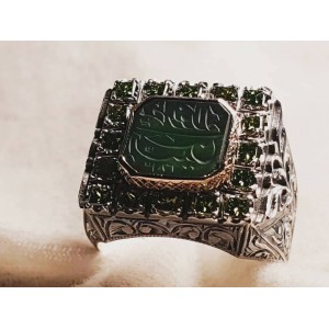 Nurullah Daştan Usta Green Agate Stone Özel Kalem işi Gümüş Yüzük