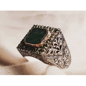 Nurullah Daştan Usta Green Agate Stone Özel Kalem işi Gümüş Yüzük