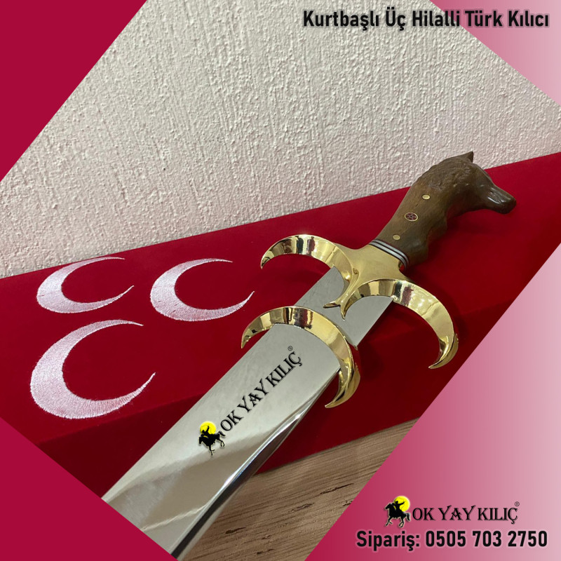 Kurtbaşlı Kabzeli Üç Hilalli Balçaklı Türk Kılıcı
